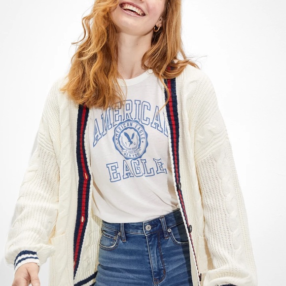 American Eagle Sz M Oversized Cable Knit Button-Up Cardigan Navy, Red & White - Picture 2 of 12